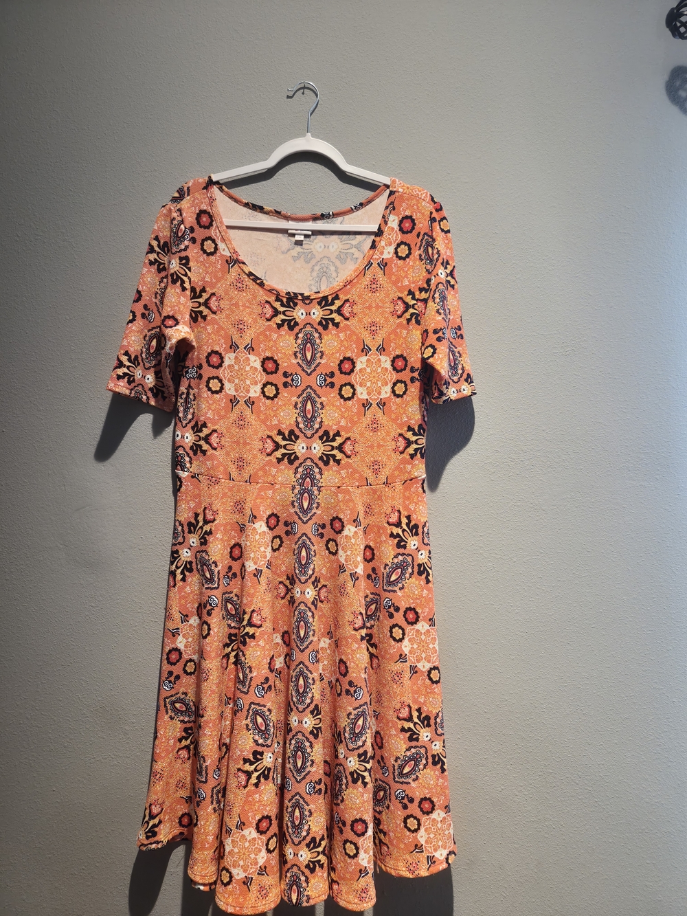 LuLaRoe Orange and Navy Patterned Midi Dress